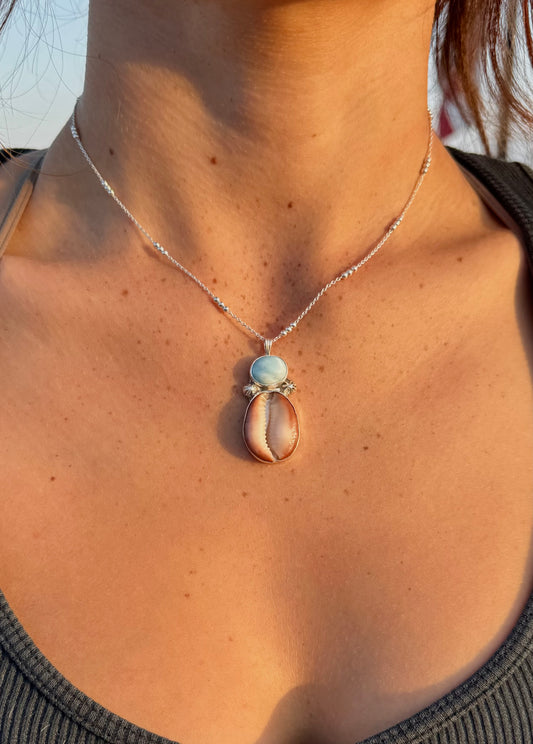 Paired Cowrie & Larimar Necklace